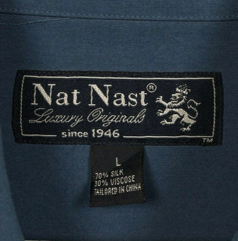 Nat Nast Men's Large Silk Blend Blue Panel Striped Hawaiian Bowling Retro Shirt