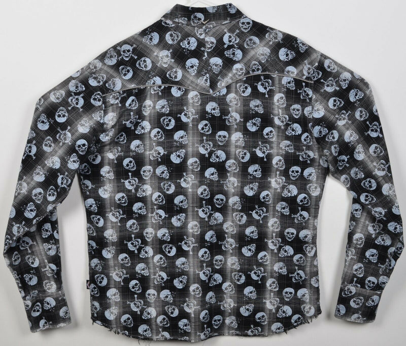 Fender Men's Medium Pearl Snap Skulls Print Rockabilly Black Gray DaVinci Shirt