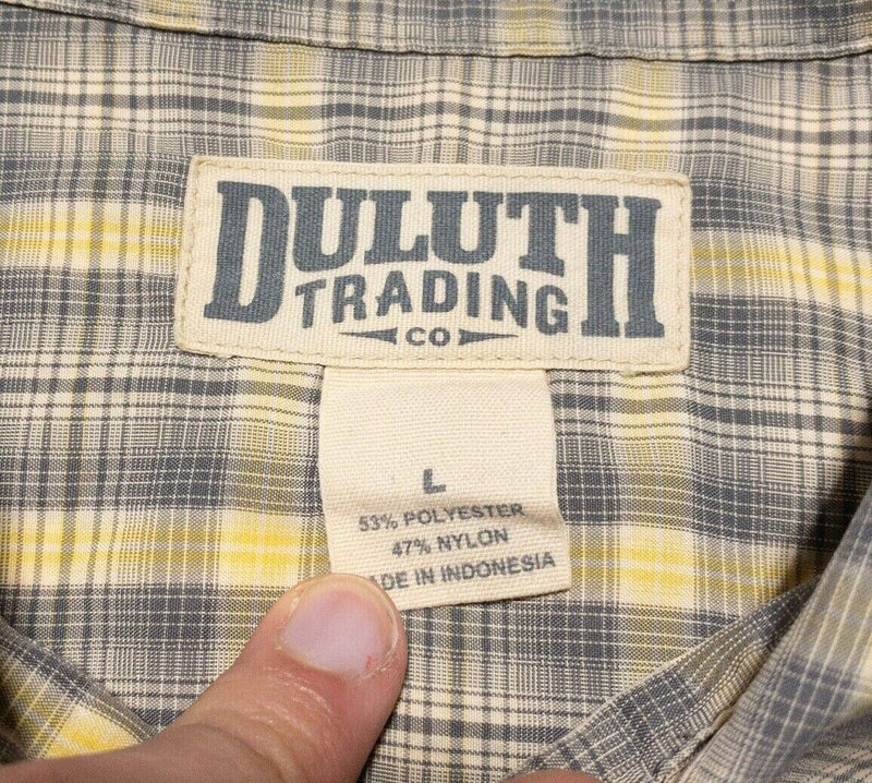 Duluth Trading Shirt Large Men's Yellow Gray Plaid Polyester Wicking Fishing