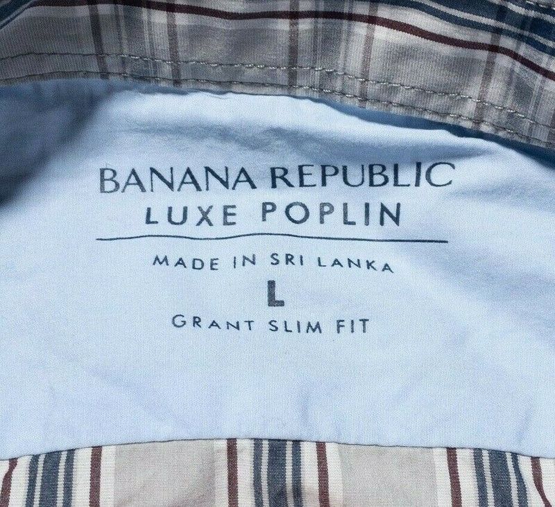 Banana Republic Luxe Poplin Button-Down Shirt Gray Plaid Men's Large Grant Slim