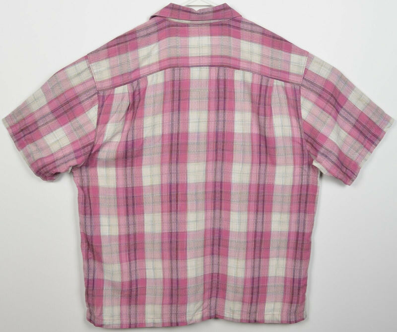 Tommy Bahama Men's XL 100% Silk Pink Plaid Hawaiian Aloha Camp Shirt