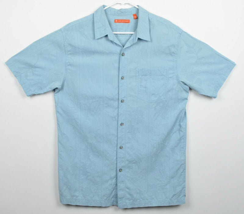 Tori Richard Men's Sz Large Cotton Silk Blue Textured Floral Hawaiian Shirt HOLE