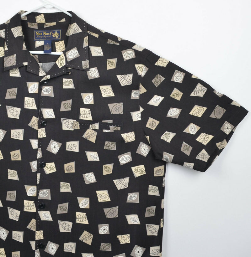 Nat Nast Men's Sz Large 100% Silk Black Geometric Limited Edition Hawaiian Shirt