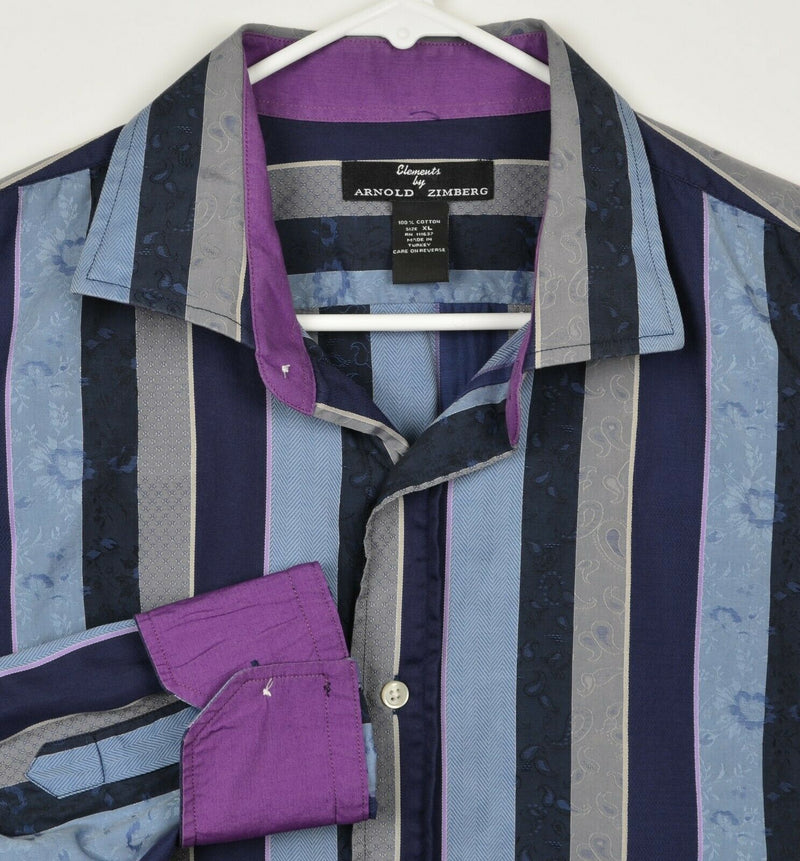 Elements By Arnold Zimberg Men's Sz XL Paisley Striped Blue Gray Flip Cuff Shirt