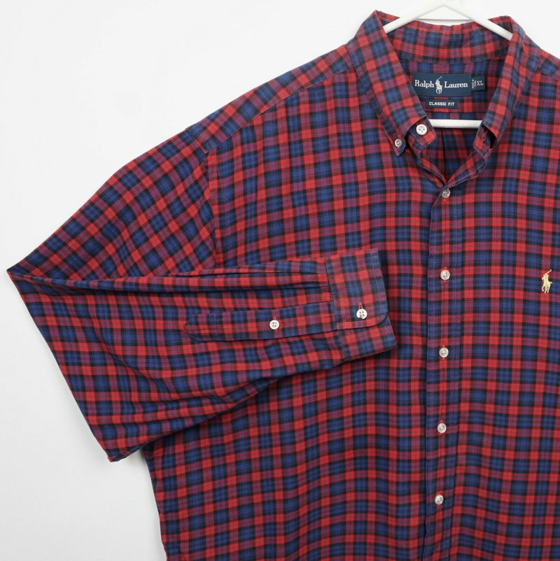 Polo Ralph Lauren Men's XL Classic Fit Red Navy Blue Plaid Button-Down Shirt