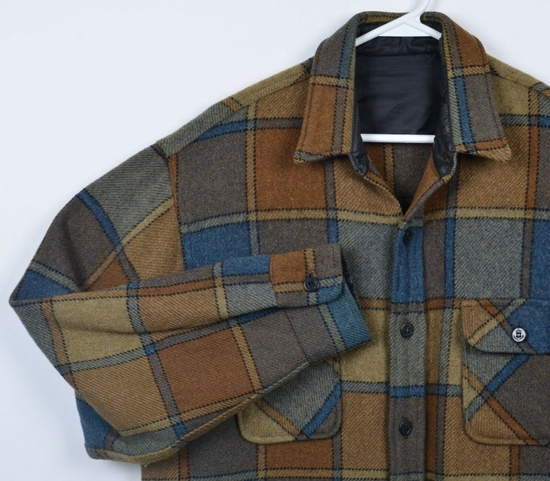 Vintage 60s CPO Men's Large? Wool Brown Blue Plaid Button-Front Shirt Jacket