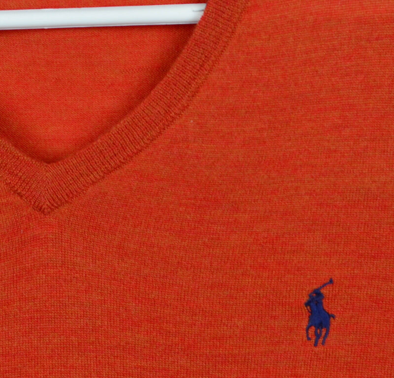 Polo Ralph Lauren Men's XL 100% Merino Wool Orange V-Neck Pullover Sweater