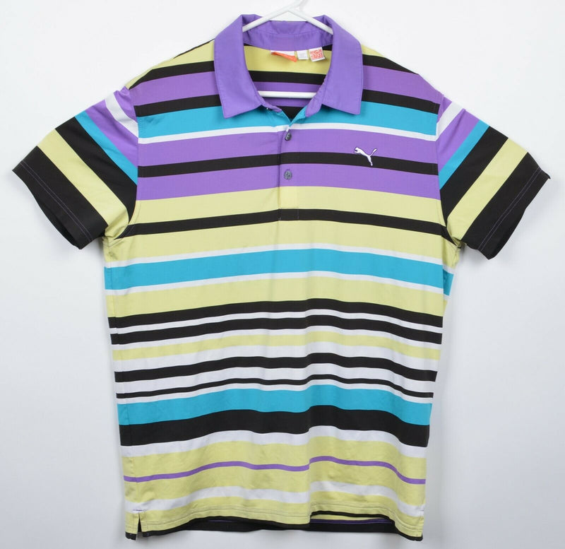 Puma Dry Cell Men Large Purple Yellow Striped Polyester Wicking Golf Polo Shirt