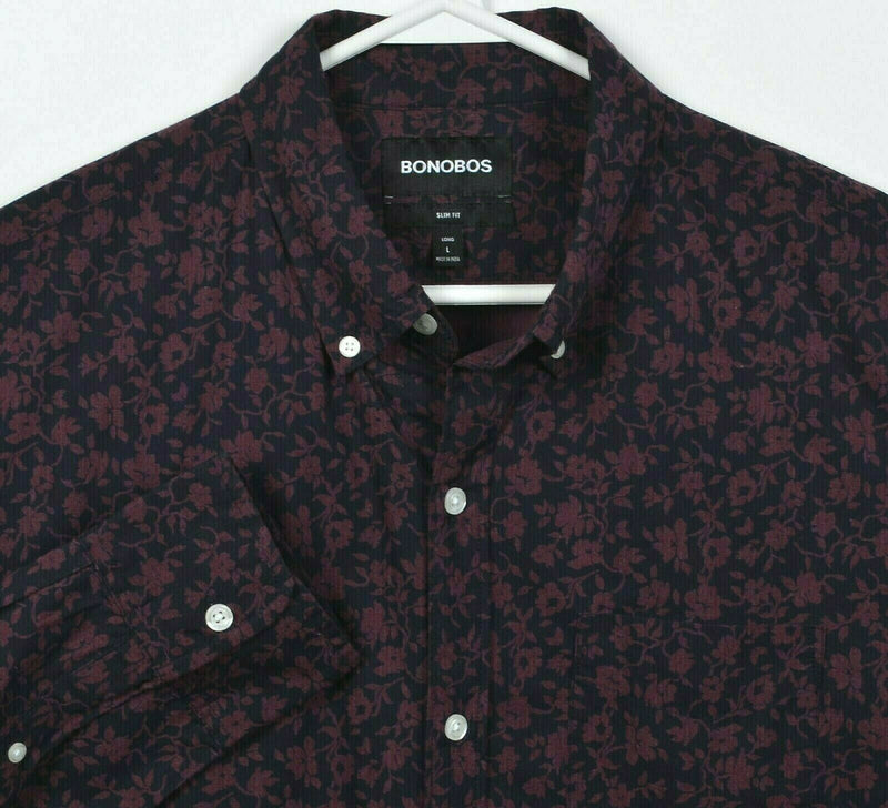 Bonobos Men's Large Long Slim Fit Floral Navy Blue Purple Button-Down Shirt