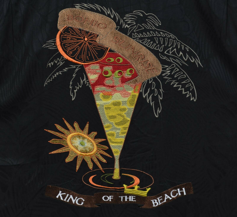 Bohio Men's XL Embroidered 100% Silk "King of The Beach" Hawaiian Camp Shirt