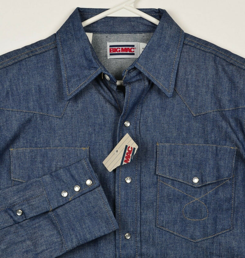 Vintage 70s Big Mac Men's Medium Pearl Snap Denim Blue USA Workwear Shirt
