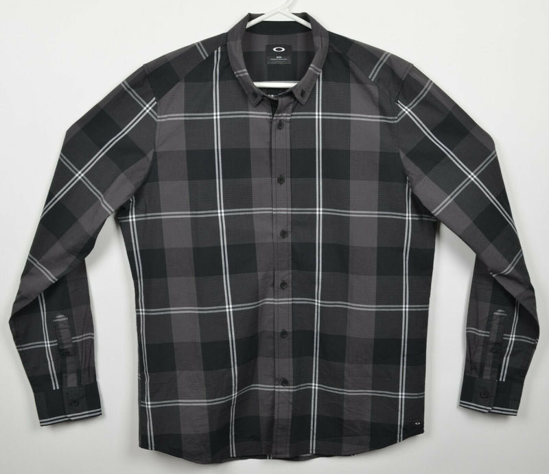 Oakley Men's Medium Regular Black Gray Plaid Cotton Elastane Button-Down Shirt