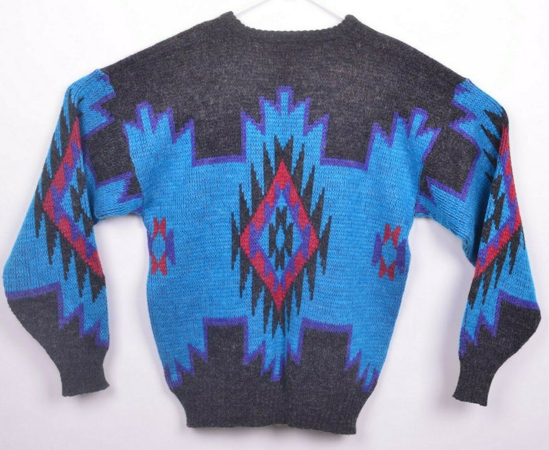 Vintage 80s Michael Gerald Men's Large Aztec Wool Blend Blue Pullover Sweater