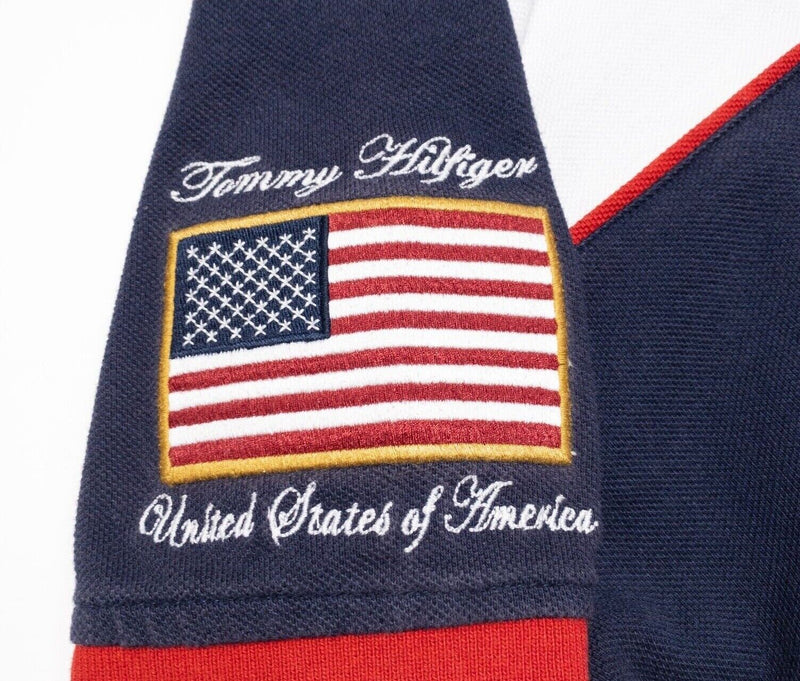 Tommy Hilfiger Rugby Polo Large Men's Shirt USA Flag White Navy Blue Red Stripe