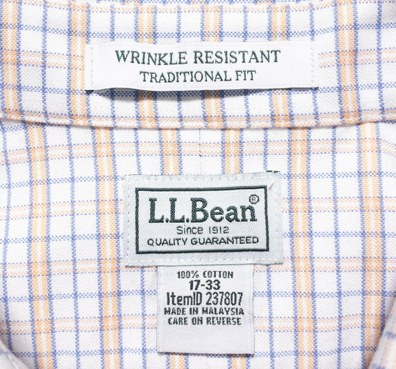 L.L.Bean Men's 17-33 Wrinkle-Free Classic Oxford Cloth Shirt White Orange Plaid