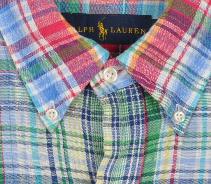 Polo Ralph Lauren Men's Medium 100% Linen Red Green Blue Button-Down Shirt