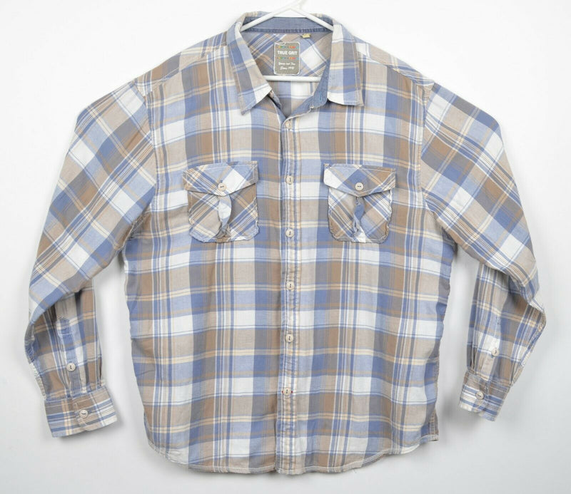 True Grit Men's XL Blue Brown Plaid Long Sleeve Button-Front Shirt
