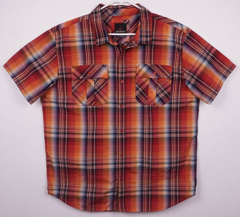 Prana Men's XL Organic Cotton Polyester Blend Orange Red Plaid Hiking Shirt