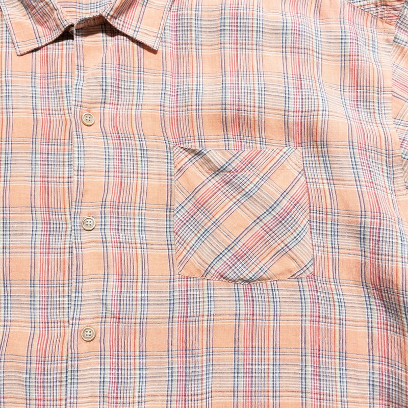 Tommy Bahama Linen Shirt Men's 2XL Orange Plaid Button-Up Short Sleeve Hawaiian
