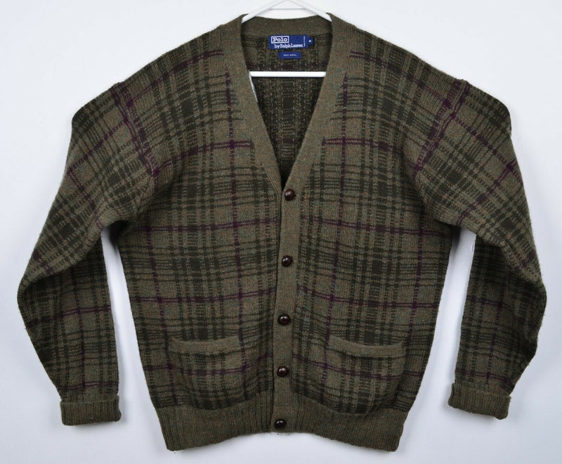 Polo Ralph Lauren Men's Medium 100% Wool Green Plaid V-Neck Cardigan Sweater