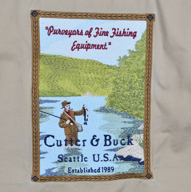 Vtg Cutter & Buck Mens Sz XL Embroidered Fishing Graphic Khaki Long Sleeve Shirt