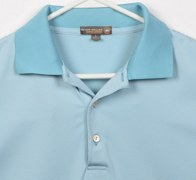 Peter Millar Summer Comfort Men's Large Blue/Green Striped Wicking Golf Polo