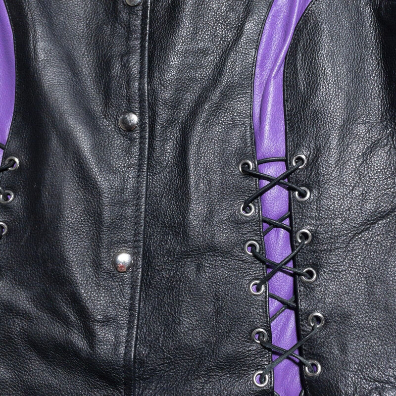 Xelement Leather Vest Women's Medium Motorcycle Lace Front Biker Black Purple