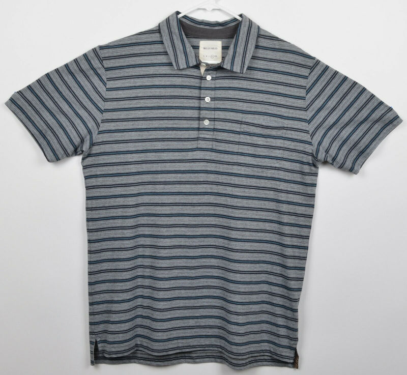 Billy Reid Men's Sz XL Gray Teal Striped Cotton Poly Blend Pocket Polo Shirt