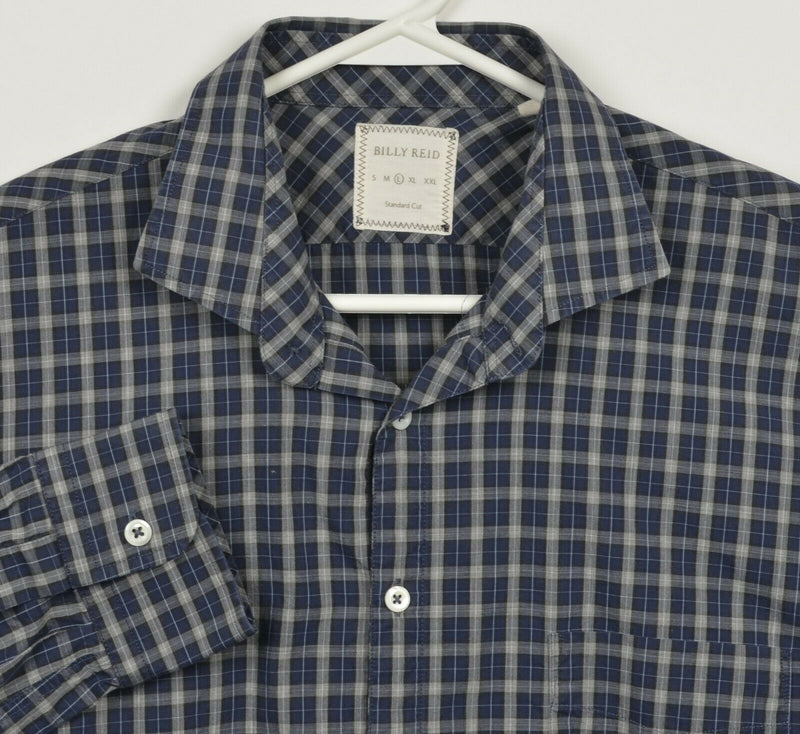 Billy Reid Men's Large Standard Cut Navy Blue Gray Check Spread Collar Shirt