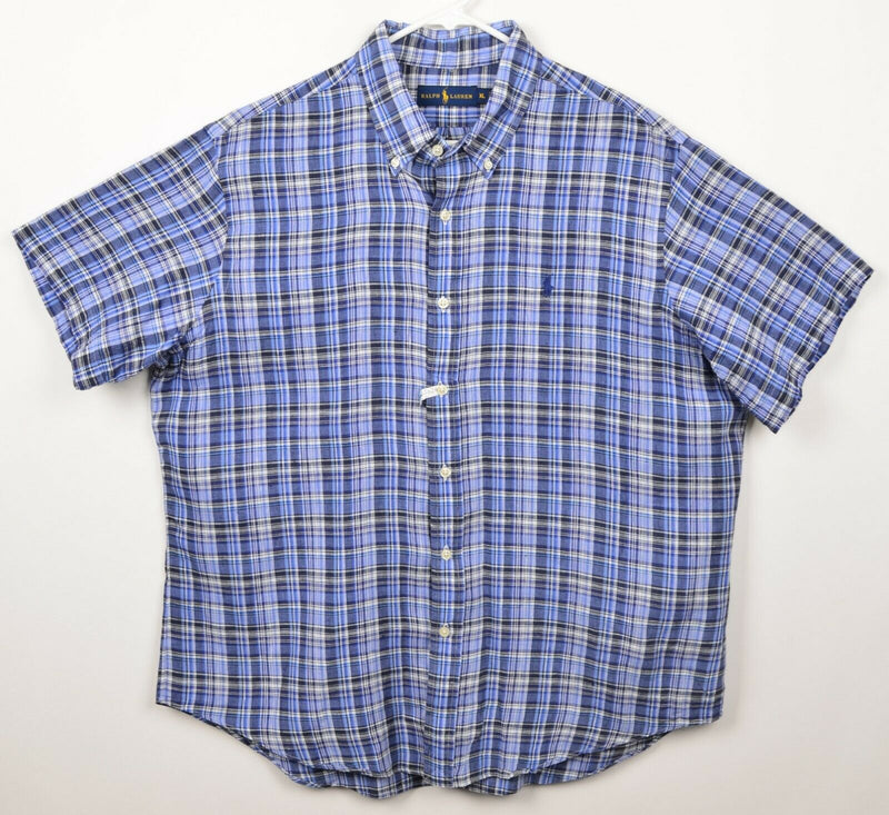 Polo Ralph Lauren Men's Sz XL 100% Linen Blue Plaid Button-Down Shirt