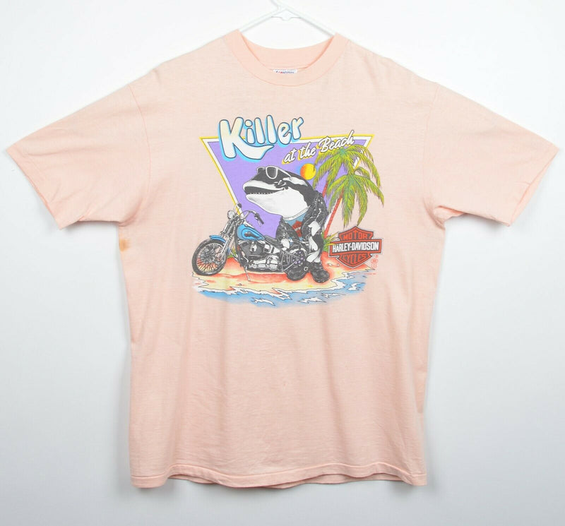 Vintage 80s Harley-Davidson Men's Sz XL Killer At The Beach Whale Peach T-Shirt