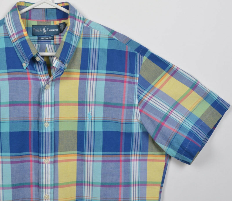 Polo Ralph Lauren Men's Large Blue Yellow Plaid Indian Madras Button-Front Shirt