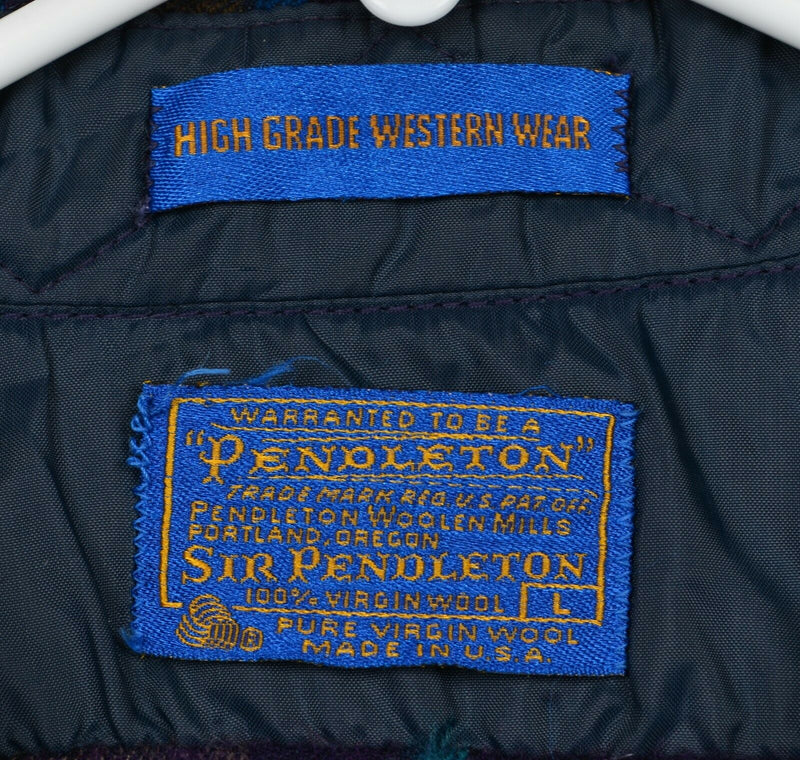 Vintage Pendleton Men's Large Pearl Snap Wool Navy Plaid Western Flannel Shirt