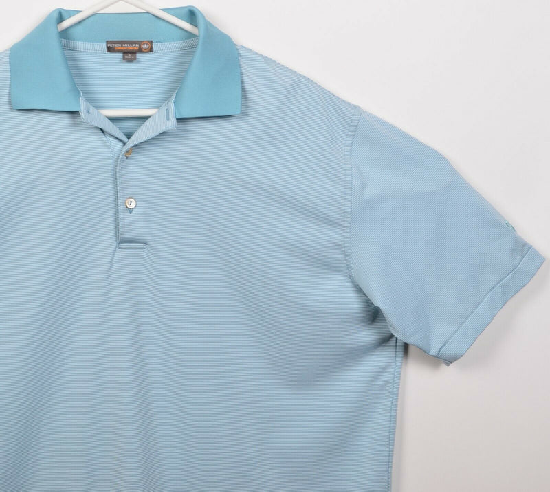 Peter Millar Summer Comfort Men's Large Blue/Green Striped Wicking Golf Polo