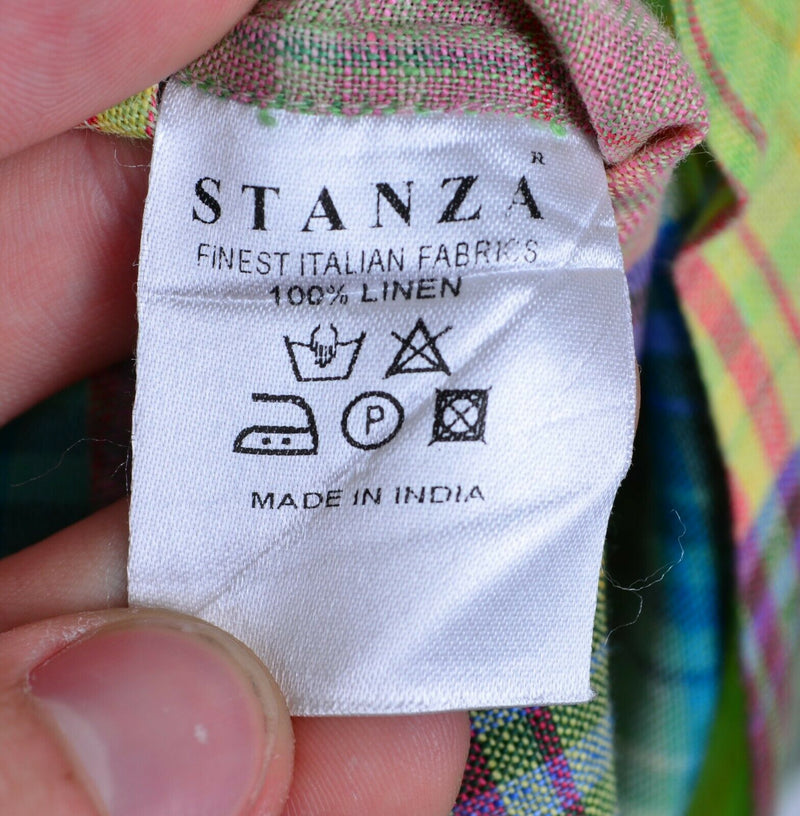 Stanza Men's Sz XL 17.5 100% Italian Linen Multicolor Plaid Short Sleeve Shirt