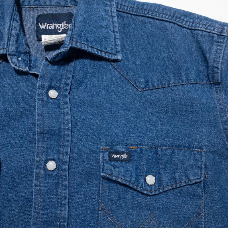 Wrangler Men's Medium Pearl Snap Denim Indigo Blue Western Rockabilly Shirt
