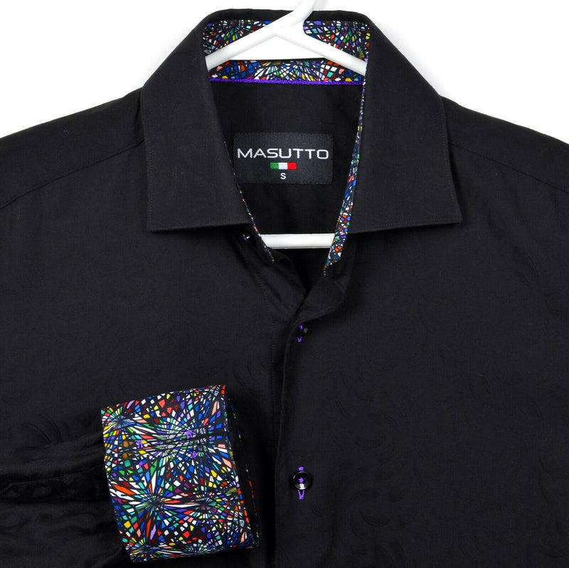 Masutto Men's Small Colorful Flip Cuff Solid Black Designer Button-Front Shirt