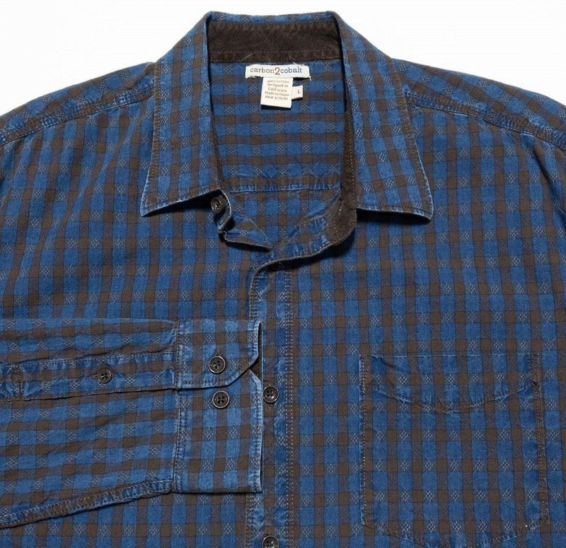 Carbon 2 Cobalt Shirt Men's Large Blue Brown Check Long Sleeve Corduroy Accent