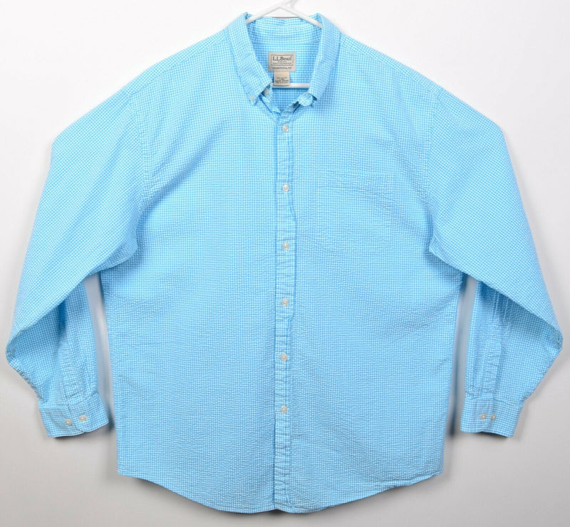 L.L. Bean Men's Large Seersucker Blue Gingham Check Preppy Button-Down Shirt