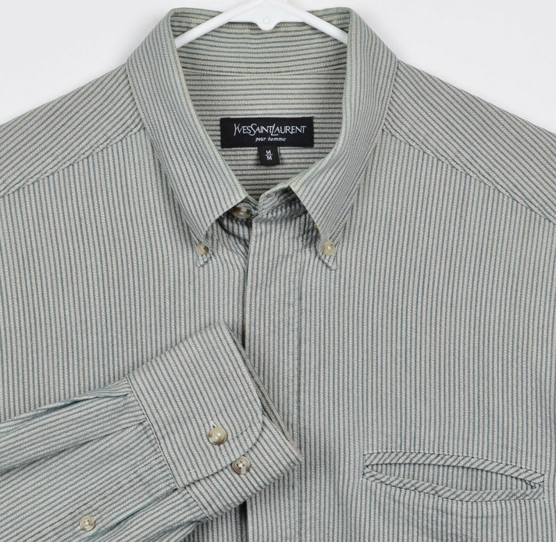 Yves Saint Laurent Men’s Medium Seersucker Hidden Button Gray Pinstriped Shirt