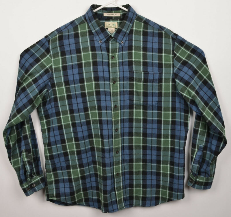 L.L. Bean Men's Large Traditional Fit Green Blue Scotch Plaid Flannel Shirt