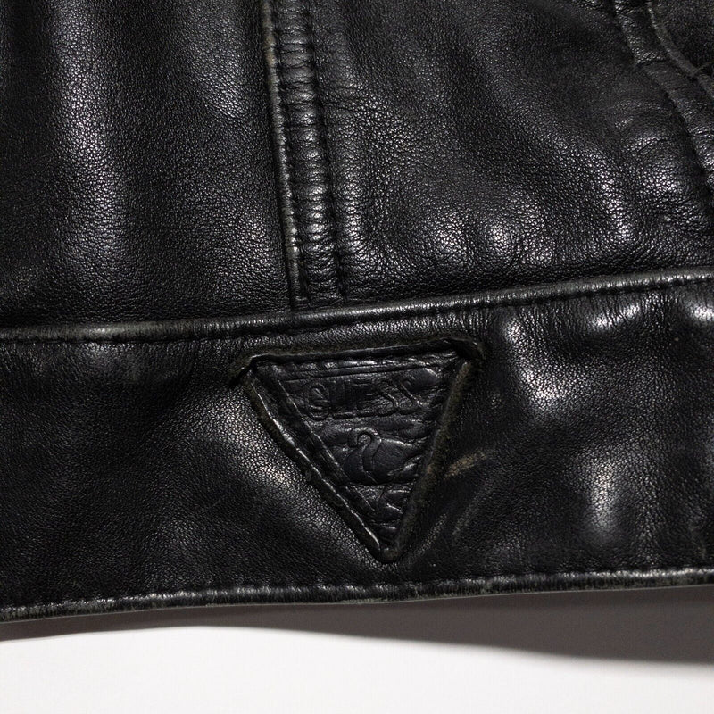 Vintage Guess Leather Jacket Men's Fits Large/XL Button-Up Trucker Black 80s