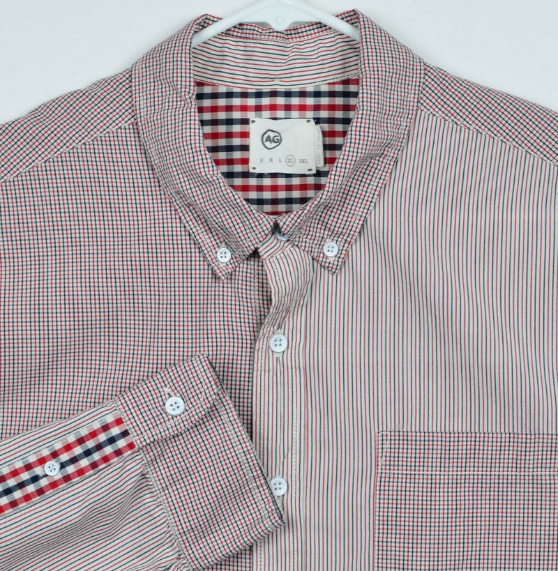 AG Adriano Goldschmied Men's XL Red Navy Blue Check Colorblock Button-Down Shirt