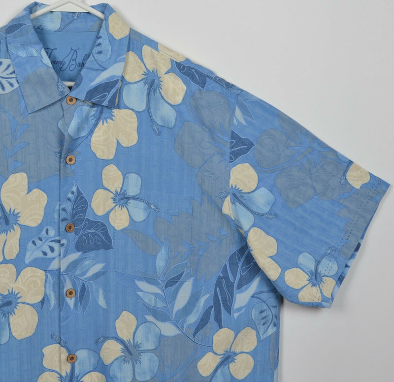 Tommy Bahama Men's XL 100% Silk Blue Yellow Floral Hawaiian Aloha Camp Shirt