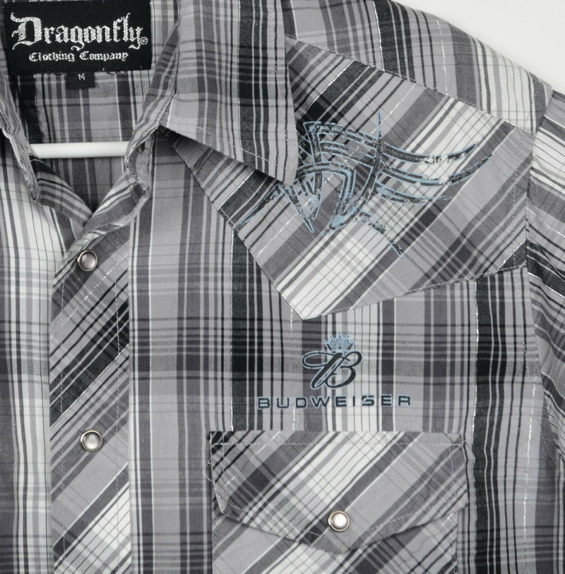 DragonFly Men’s Medium Budweiser Beer Pearl Snap Plaid Western Rockabilly Shirt