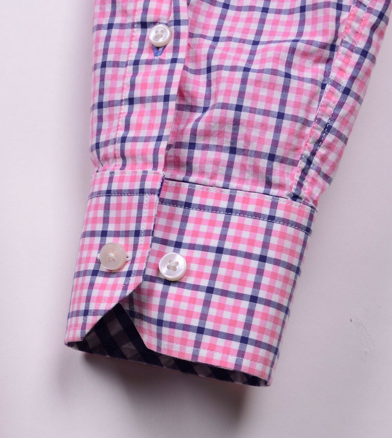 Tailorbyrd Men's Sz Medium Flip Cuff Pink Navy Plaid Check Long Sleeve Shirt