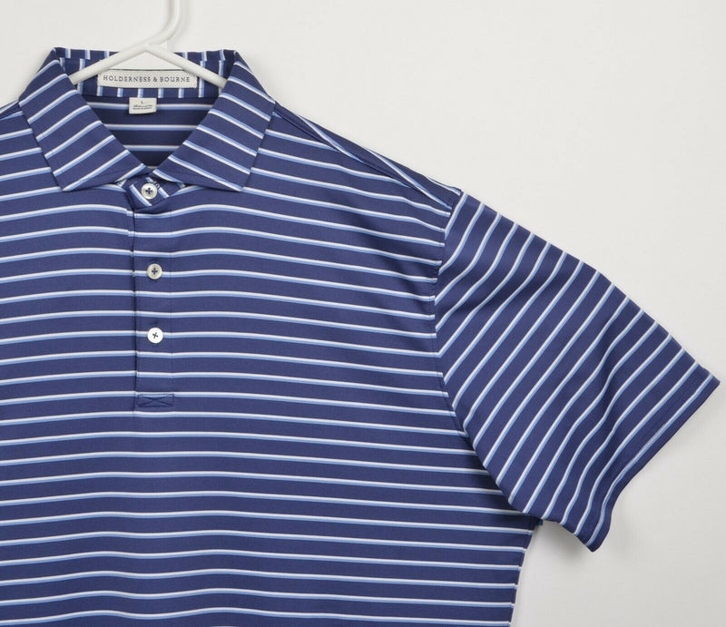 Holderness & Bourne Men's Large Tailored Navy Striped Polyester Golf Polo Shirt