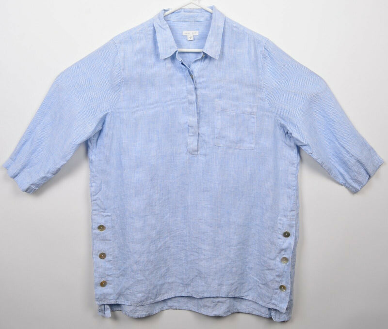 J. Jill Women's Medium Love Linen Blue Pinstripe Tunic Half Button-Front Shirt