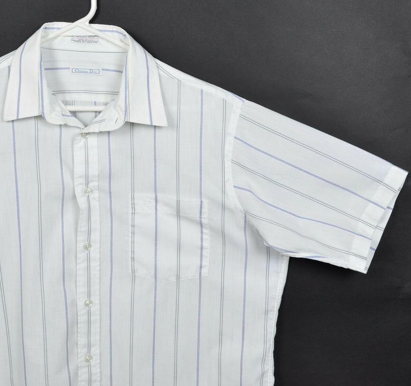 Christian Dior Men's 16.5 (Large) White Striped Vintage 1980s Button-Front Shirt