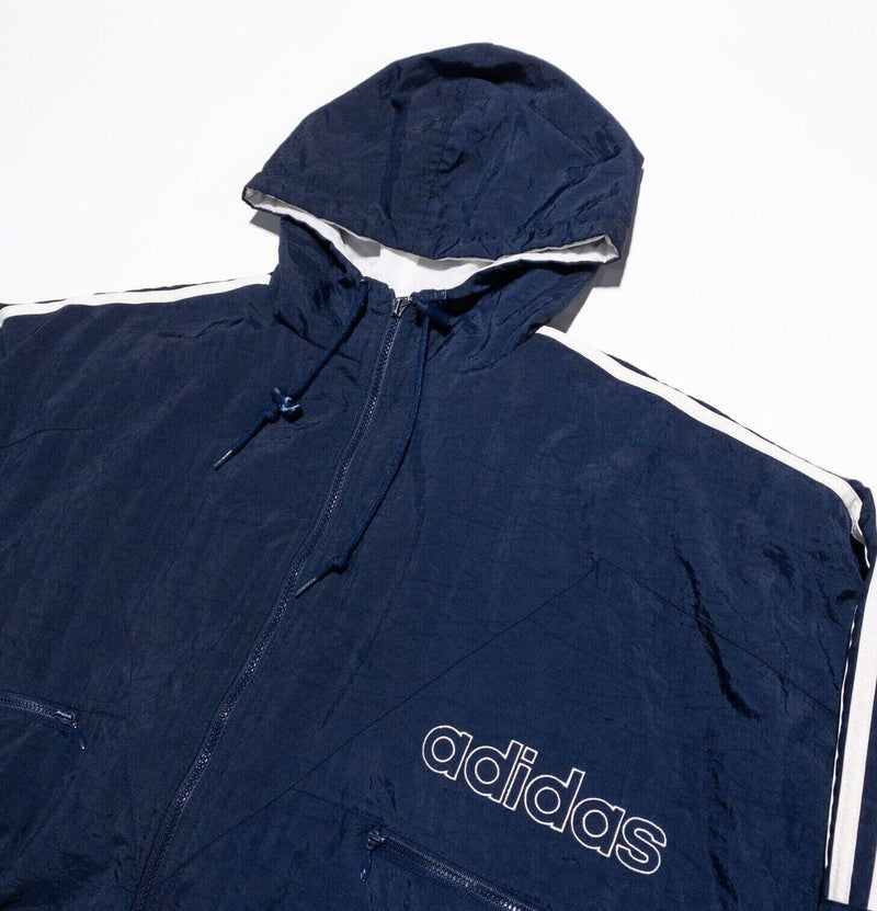 Vintage Adidas Puffer Jacket Men's Medium 90s Navy Blue Trefoil Full Zip Hooded